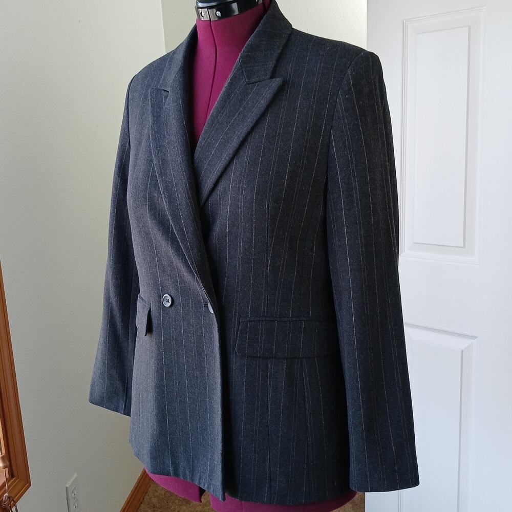 Apostrophe Petite Pinstripe Blazer Jacket 14P women double breasted real pockets